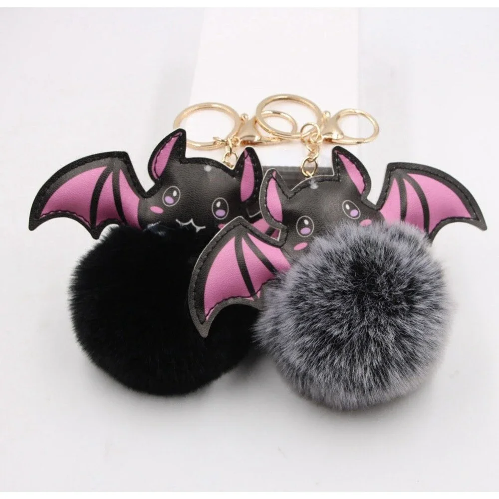 Halloween Bat Pom Pom Keychain Gray Faux Fur Plush Bag Charm Gothic Cute NEW